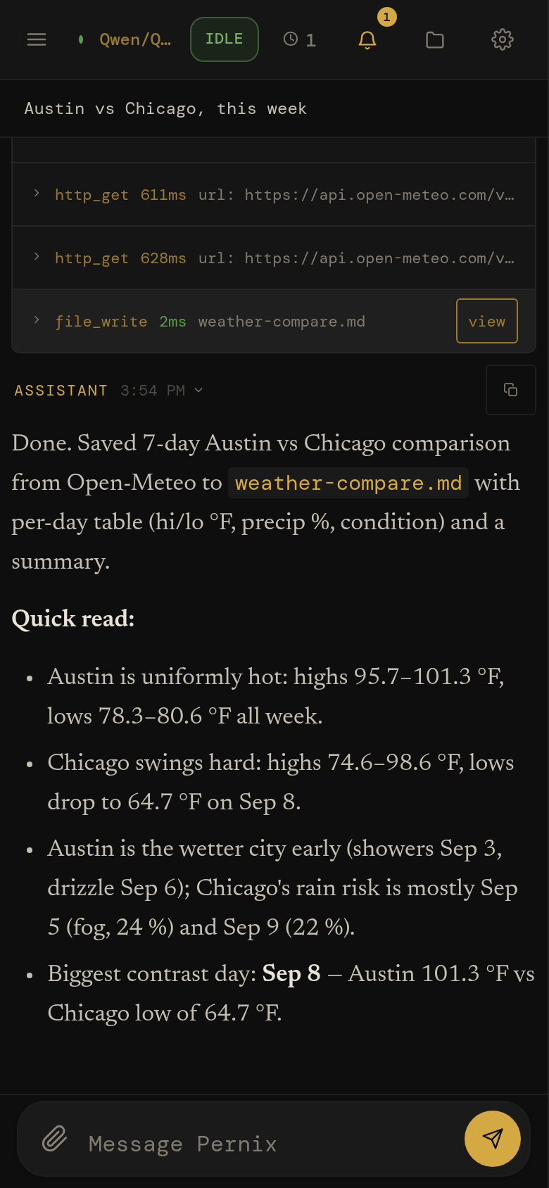 The chat on a phone &mdash; drawer sidebar, compact status strip, tool rows and answer stacked full-width.