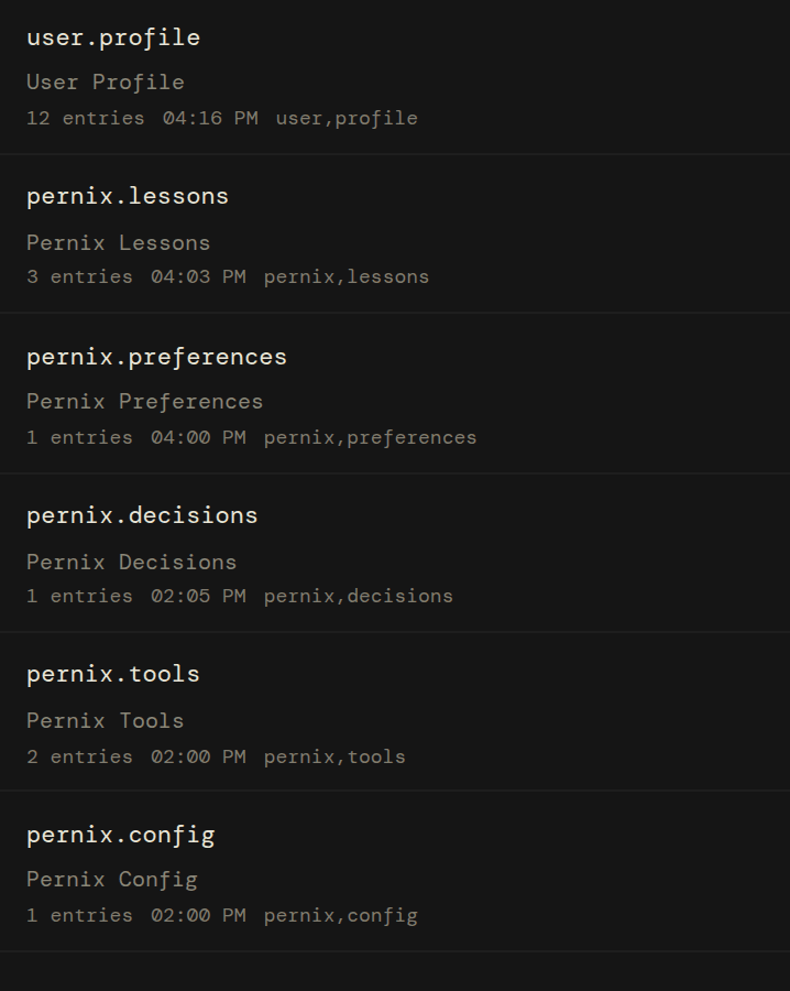 Six memory files the agent has written across sessions, with entry counts and timestamps.